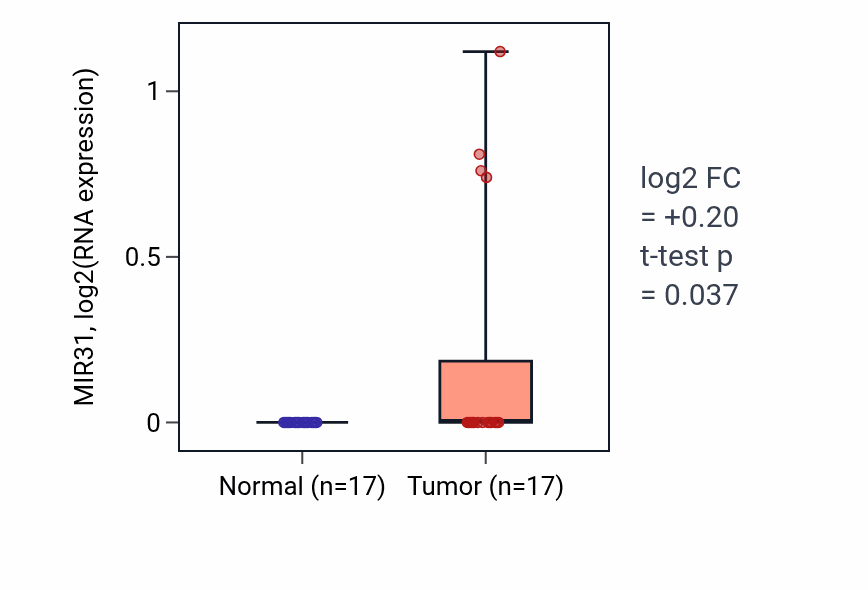 Tumor-vs-normal expression box plot for MIR31 in THCA.