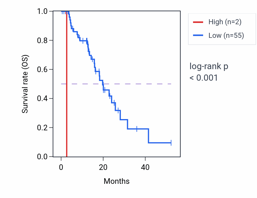 Kaplan&ndash;Meier survival curve for MIR3169 RNA expression in ESCA: high vs low expression groups.