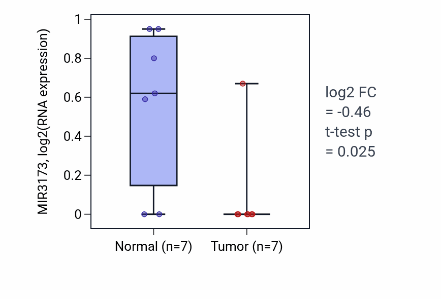 Tumor-vs-normal expression box plot for MIR3173 RNA in STAD.