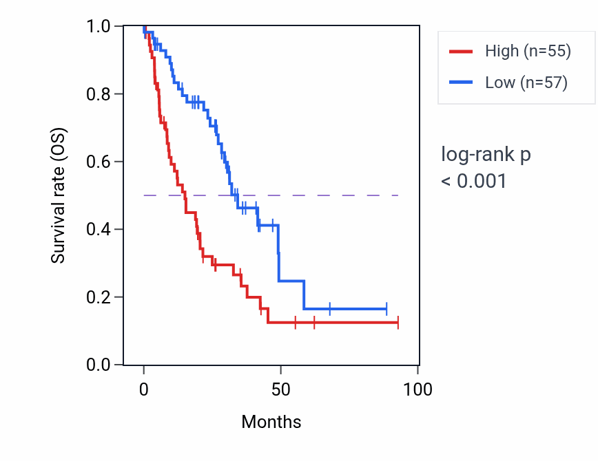 Kaplan&ndash;Meier survival curve for MIR31HG RNA-high vs -low samples in LUAD.