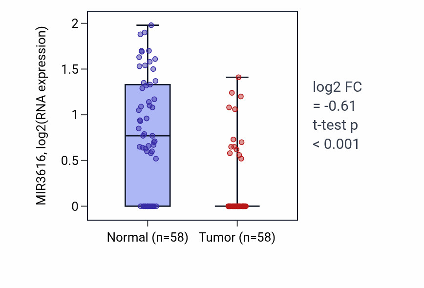 Tumor-vs-normal expression box plot for MIR3616 in THCA.