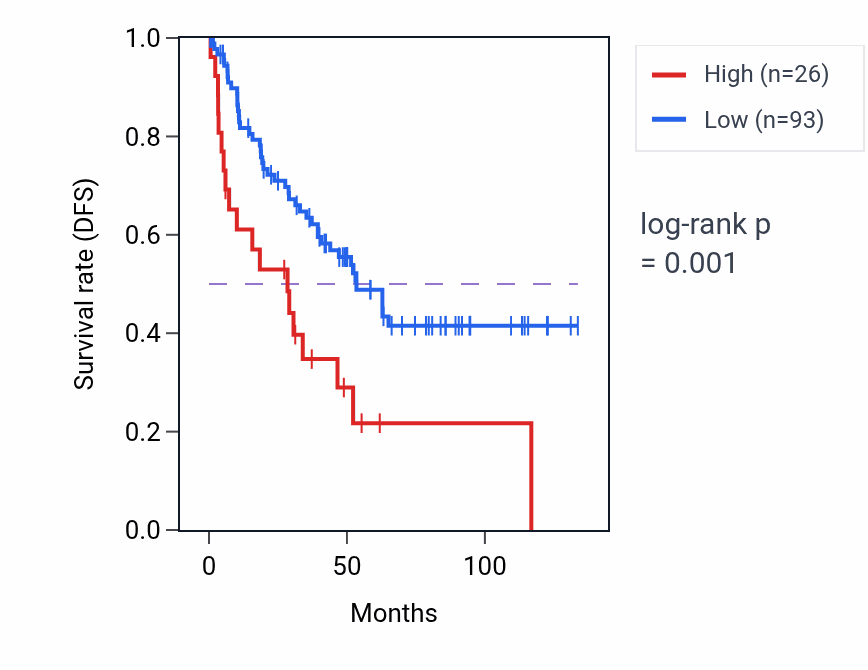 Kaplan&ndash;Meier survival curve for MIR4280HG RNA expression in KIRC: high vs low expression groups.