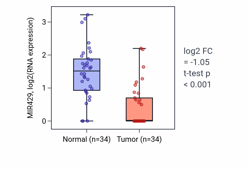 Tumor-vs-normal expression box plot for MIR429 in KIRC.