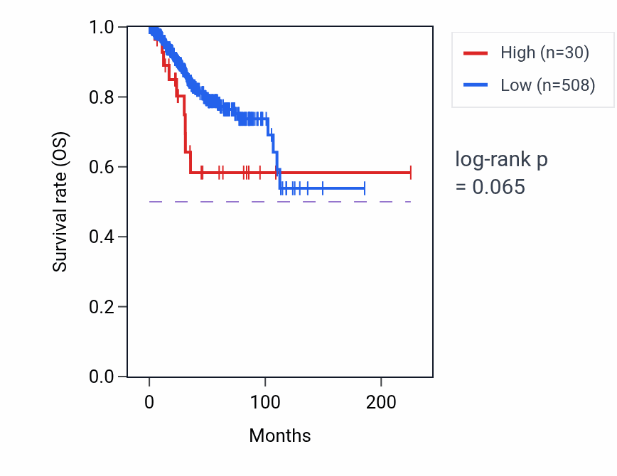 Kaplan&ndash;Meier survival curve for MIR4306 RNA expression in UCEC: high vs low expression groups.