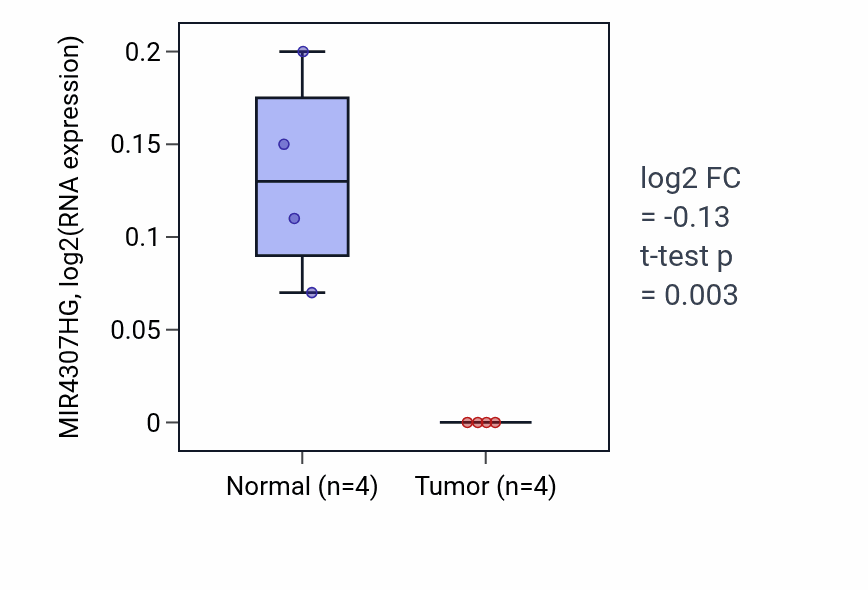 Tumor-vs-normal expression box plot for MIR4307HG in READ.