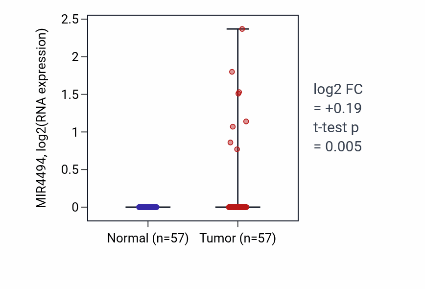 Tumor-vs-normal expression box plot for MIR4494 in LUAD.
