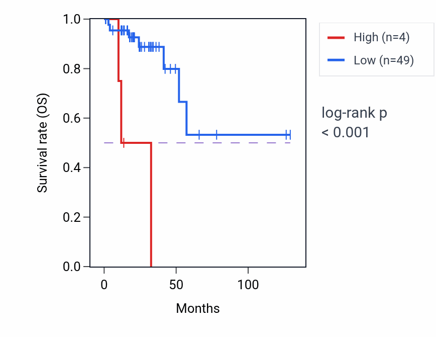 Kaplan&ndash;Meier survival curve for MIR4797 RNA-high vs -low samples in READ.