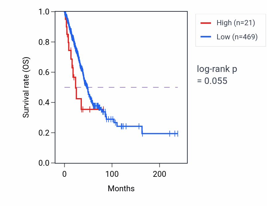Kaplan&ndash;Meier survival curve for MIR548Y RNA expression in LUAD: high vs low expression groups.
