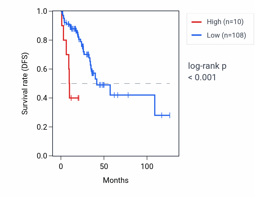 Kaplan&ndash;Meier survival curve for MIR569 RNA expression in READ: high vs low expression groups.