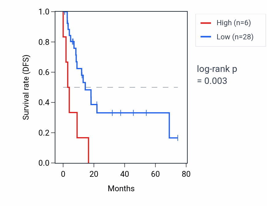 Kaplan&ndash;Meier survival curve for MIR591 RNA expression in STAD: high vs low expression groups.