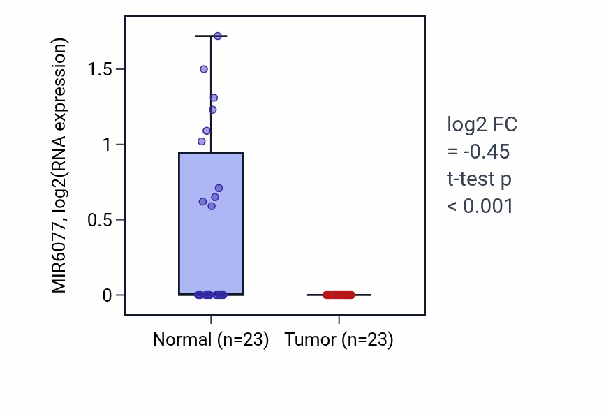 Tumor-vs-normal expression box plot for MIR6077 in THCA.