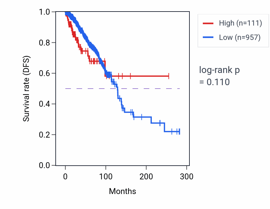 Kaplan&ndash;Meier survival curve for MIR6807 RNA-high vs -low samples in BRCA.