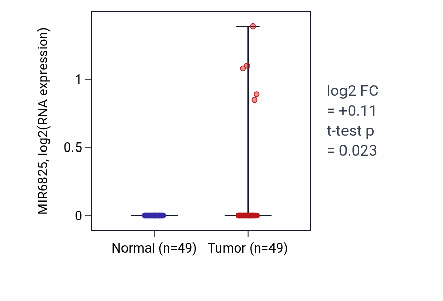 Tumor-vs-normal expression box plot for MIR6825 in LUSC.