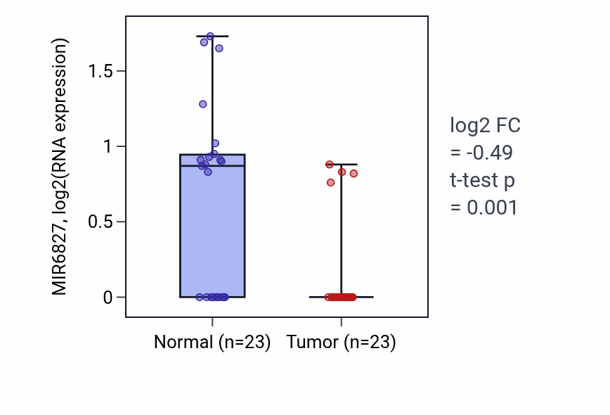 Tumor-vs-normal expression box plot for MIR6827 RNA in THCA.