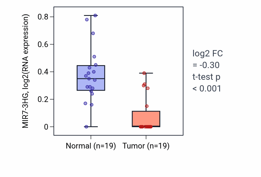 Tumor-vs-normal expression box plot for MIR7-3HG in COAD.