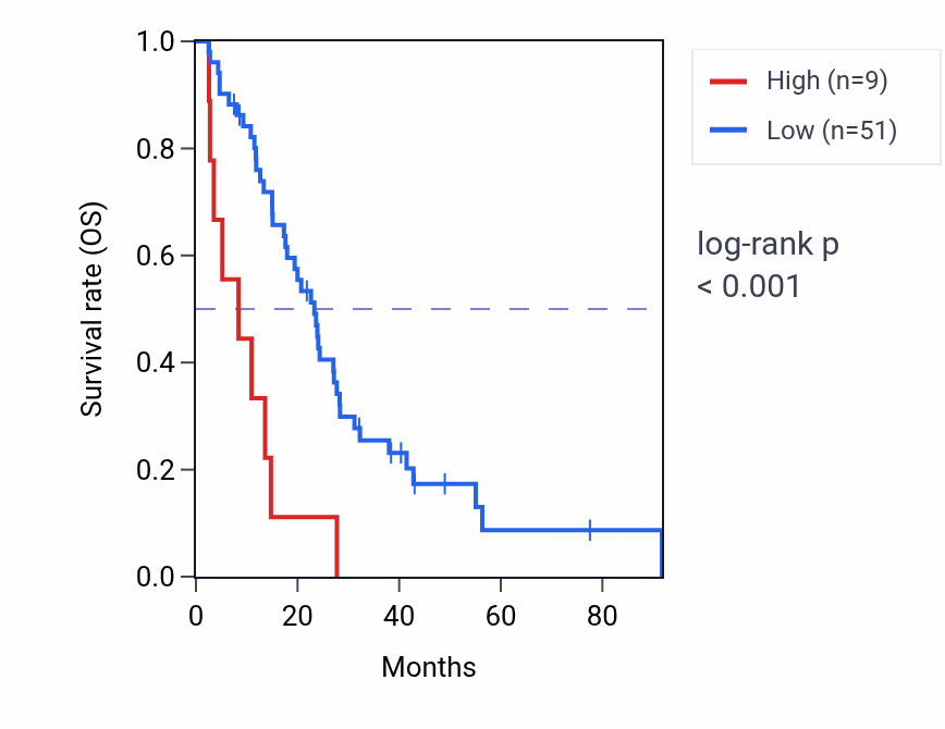 Kaplan&ndash;Meier survival curve for MIR8058 RNA expression in MESO: high vs low expression groups.