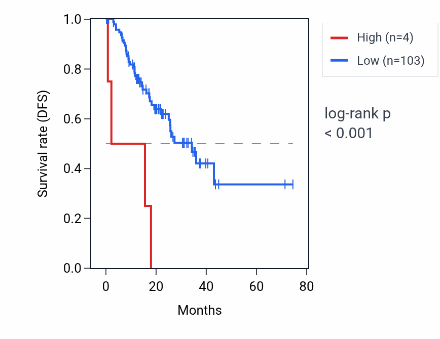 Kaplan&ndash;Meier survival curve for MIR8081 RNA expression in STAD: high vs low expression groups.