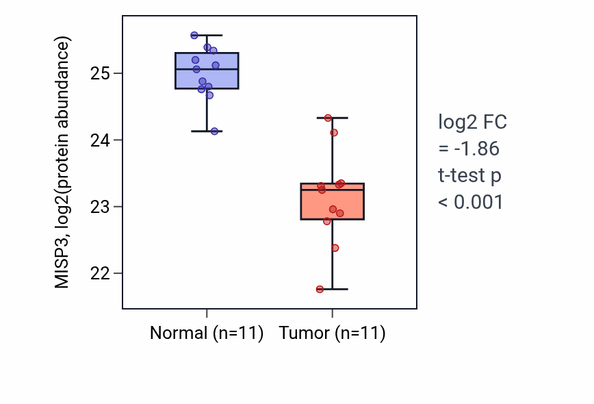 Tumor-vs-normal mass-spec protein box plot for MISP3 in CCRCC.