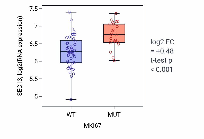Box plot of SEC13 in MKI67-low vs MKI67-high samples in LARGE_INTESTINE.