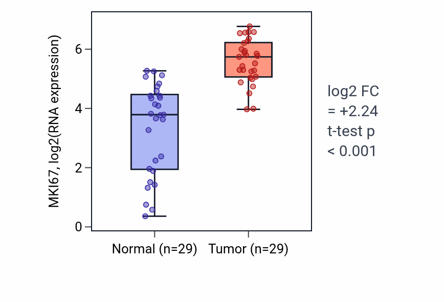 Tumor-vs-normal expression box plot for MKI67 RNA in HNSC.