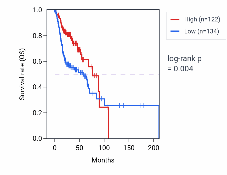 Kaplan&ndash;Meier survival curve for MKNK1-AS1 RNA expression in HNSC: high vs low expression groups.