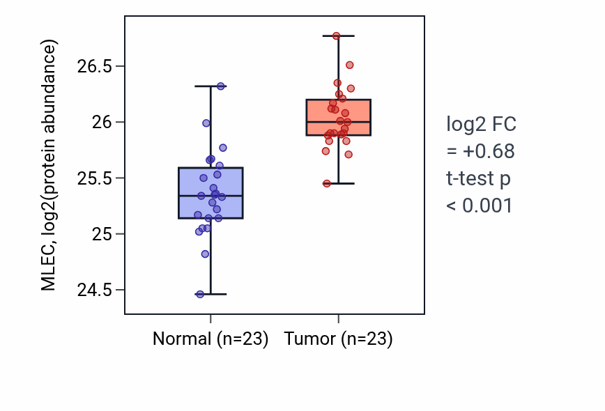 Tumor-vs-normal mass-spec protein box plot for MLEC in HNSC.