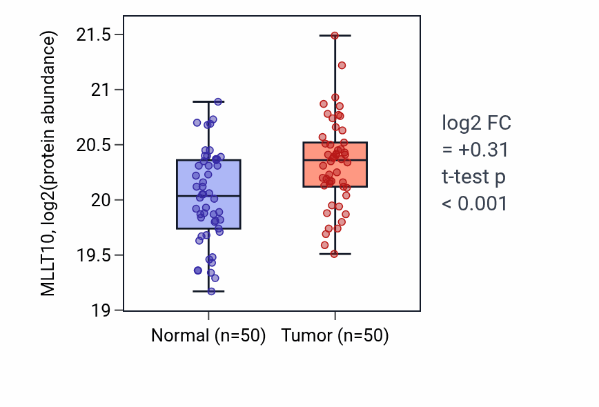 Tumor-vs-normal mass-spec protein box plot for MLLT10 in LSCC.