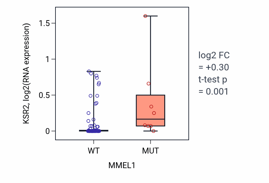 Box plot of KSR2 in MMEL1-low vs MMEL1-high samples in BLOOD_Leukemia.