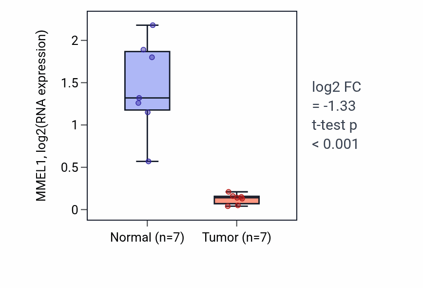Tumor-vs-normal expression box plot for MMEL1 RNA in THCA.