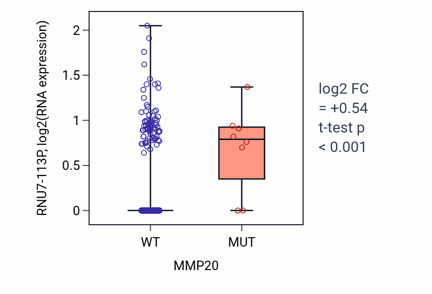 Box plot of RNU7-113P in MMP20-low vs MMP20-high samples in HNSC.
