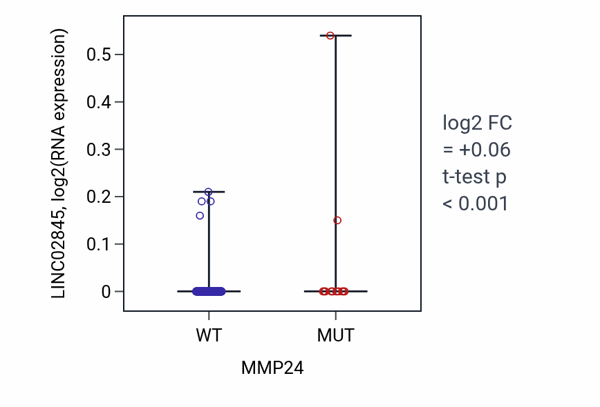 Box plot of LINC02845 in MMP24-low vs MMP24-high samples in SKCM.