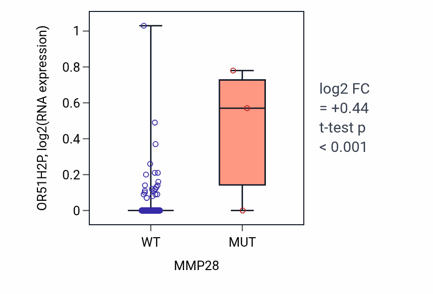 Box plot of OR51H2P in MMP28-low vs MMP28-high samples in LUAD.