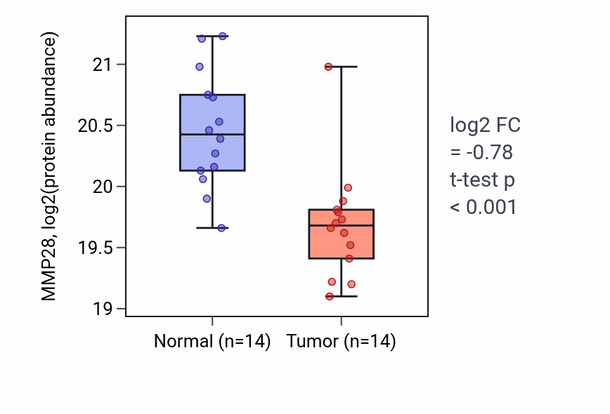Tumor-vs-normal mass-spec protein box plot for MMP28 in COAD.