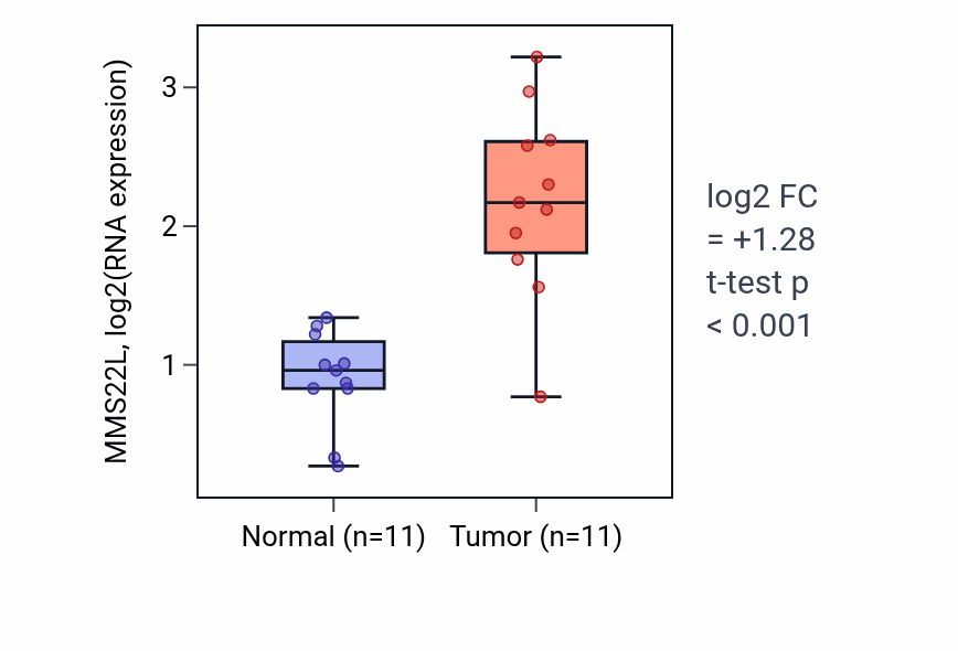 Tumor-vs-normal expression box plot for MMS22L RNA in HNSC.