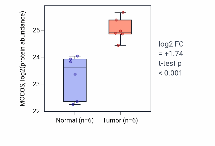 Tumor-vs-normal mass-spec protein box plot for MOCOS in HNSC.