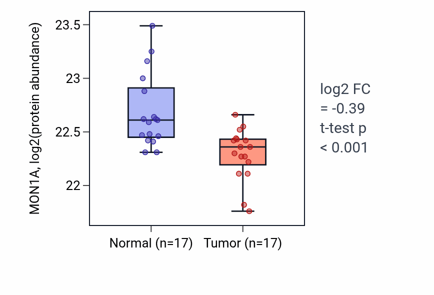 Tumor-vs-normal mass-spec protein box plot for MON1A in LSCC.