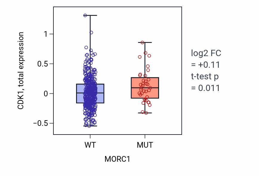 Box plot of CDK1 in MORC1-low vs MORC1-high samples in UCEC.