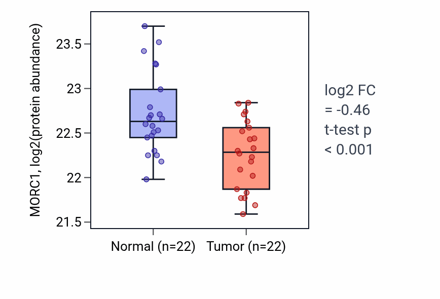 Tumor-vs-normal mass-spec protein box plot for MORC1 in COAD.