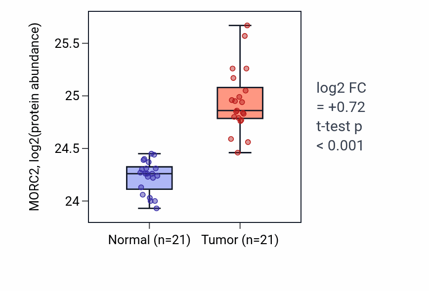 Tumor-vs-normal mass-spec protein box plot for MORC2 in HNSC.