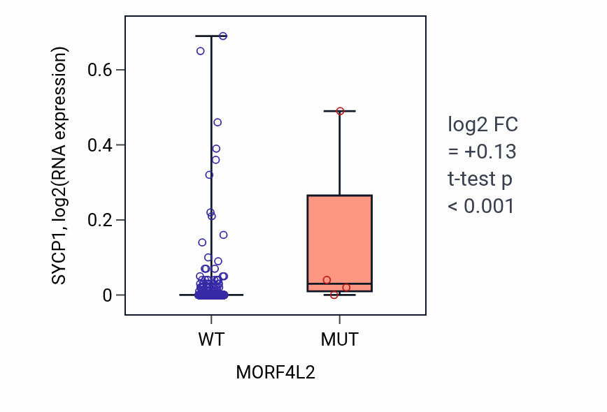 Box plot of SYCP1 in MORF4L2-low vs MORF4L2-high samples in LUAD.