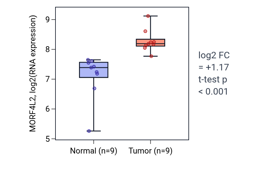 Tumor-vs-normal expression box plot for MORF4L2 in HNSC.