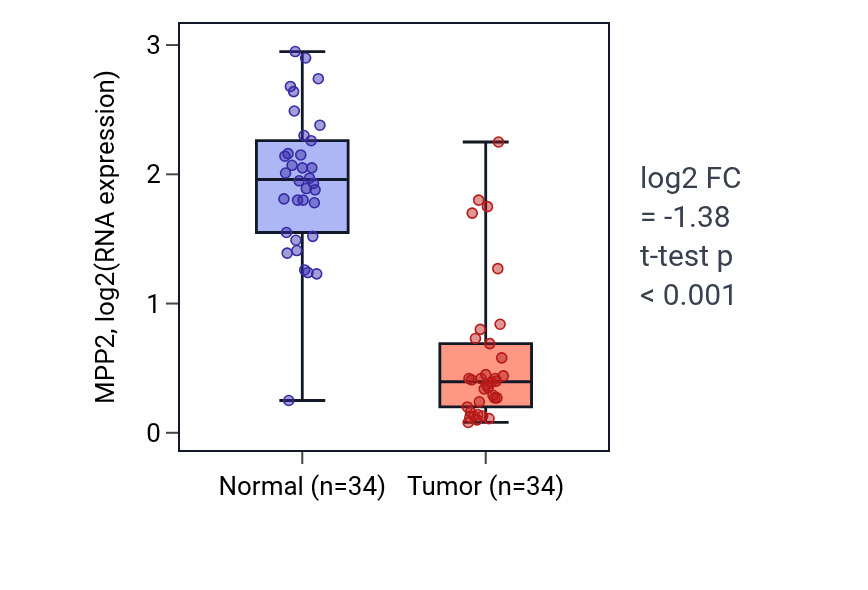 Tumor-vs-normal expression box plot for MPP2 RNA in KIRC.