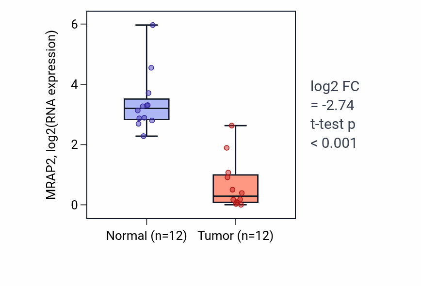 Tumor-vs-normal expression box plot for MRAP2 RNA in KIRC.