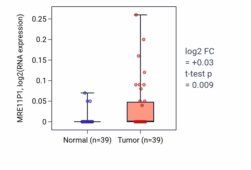 Tumor-vs-normal expression box plot for MRE11P1 in COAD.