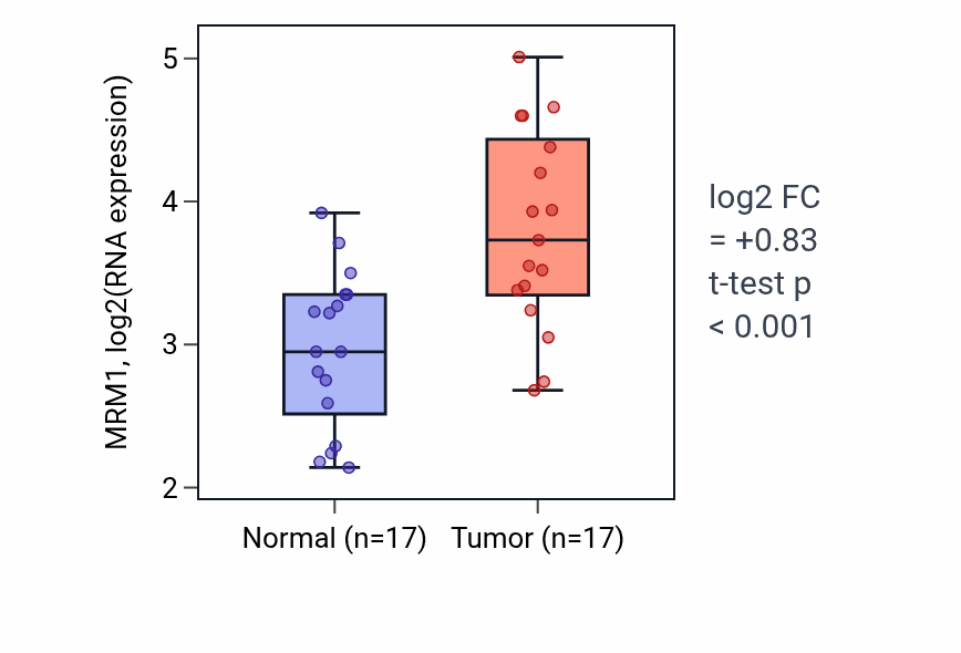 Tumor-vs-normal expression box plot for MRM1 RNA in HNSC.