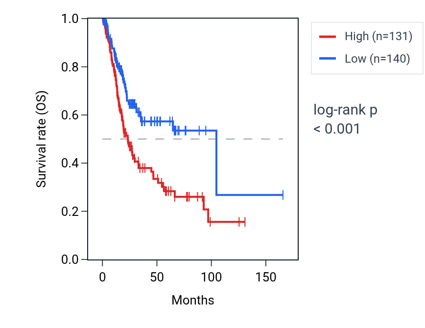Kaplan&ndash;Meier survival curve for MRO RNA expression in BLCA: high vs low expression groups.