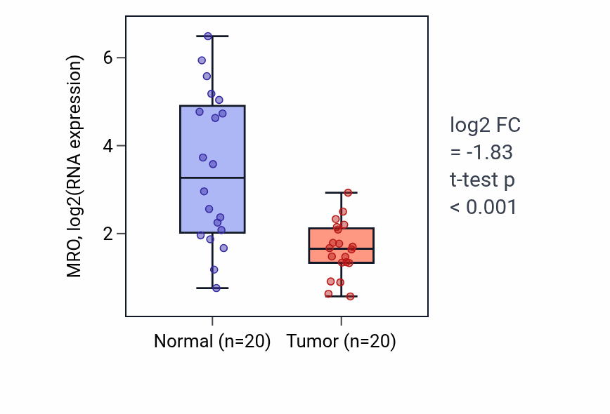 Tumor-vs-normal expression box plot for MRO RNA in KIRC.