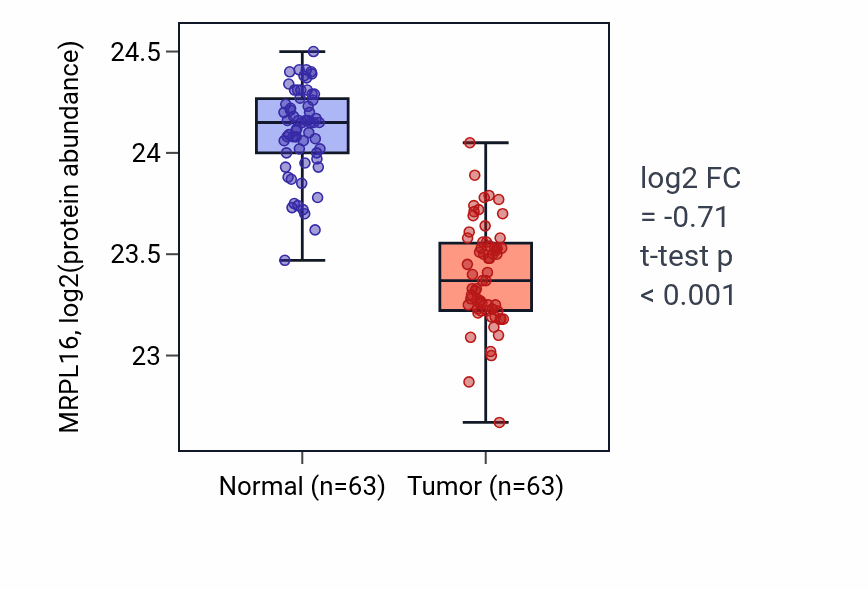 Tumor-vs-normal mass-spec protein box plot for MRPL16 in CCRCC.