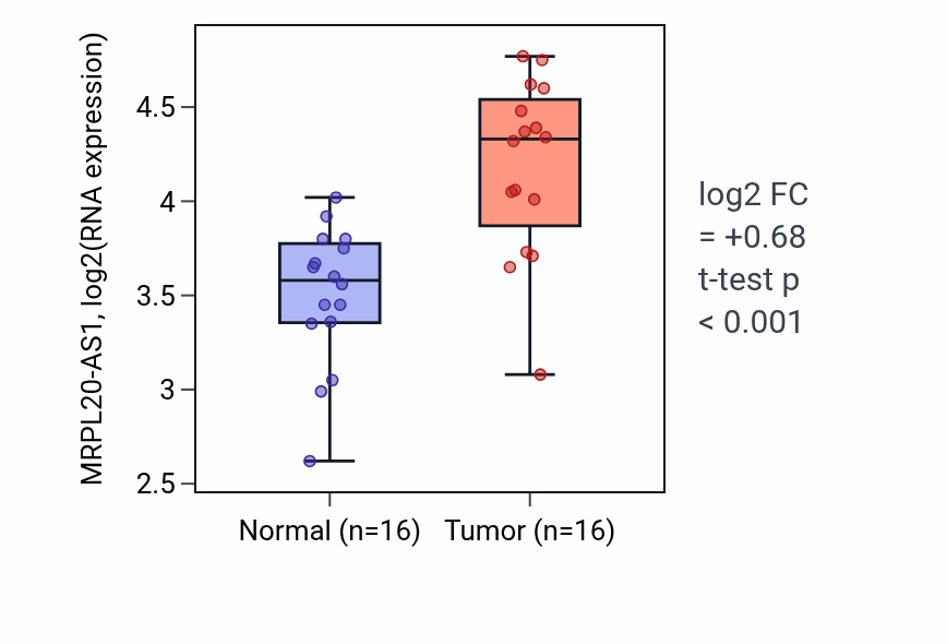 Tumor-vs-normal expression box plot for MRPL20-AS1 in HNSC.