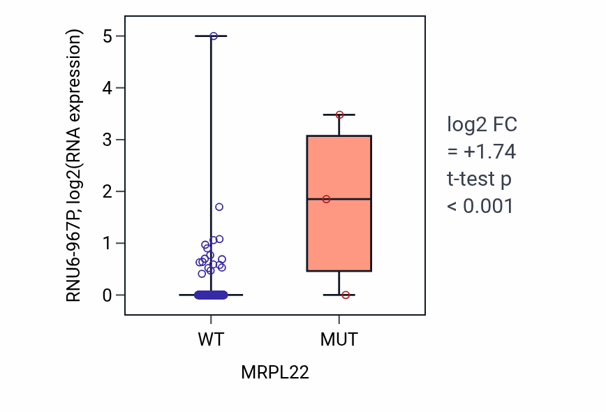 Box plot of RNU6-967P in MRPL22-low vs MRPL22-high samples in LUSC.